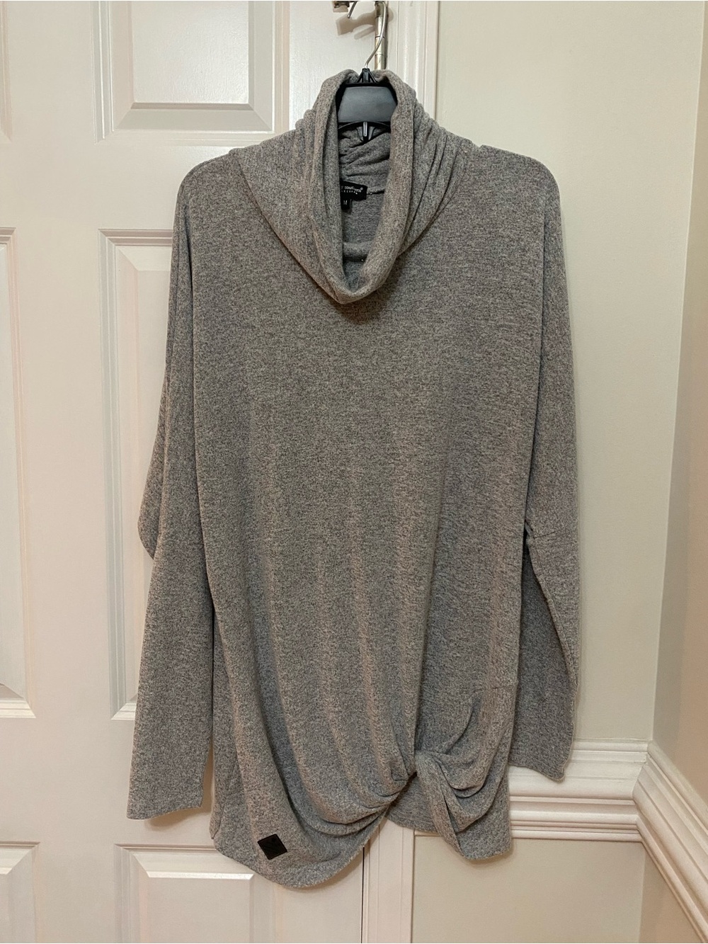 Simply Southern Gray Cowl Neck Sweater with Twist Hem